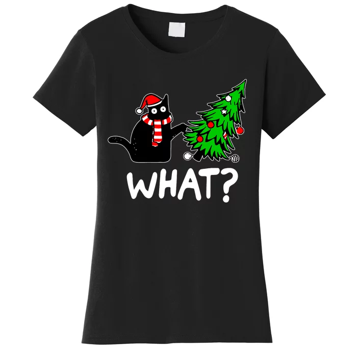 Funny Naughty Black Cat Pushing Christmas Tree Over Cat What Women's T-Shirt