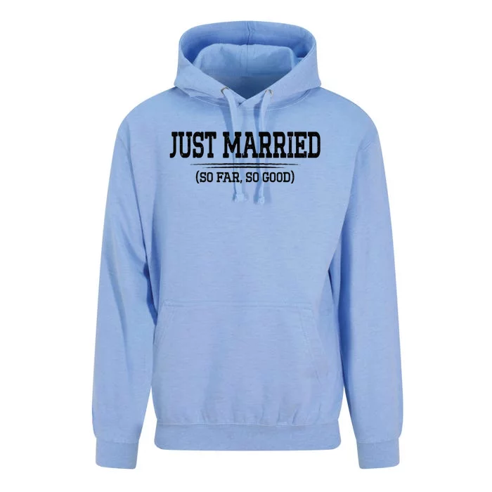 Funny Newlywed Couple Just Married So Far So Good Husband Unisex Surf Hoodie