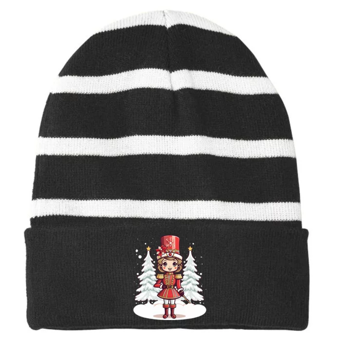 Female Nutcracker Christmas Themed Striped Beanie with Solid Band