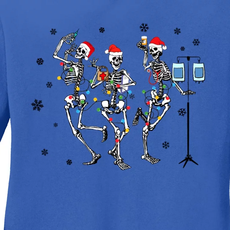 Funny Nurse Christmas Dancing Skeleton Santa Xmas Gift Ladies Long Sleeve Shirt