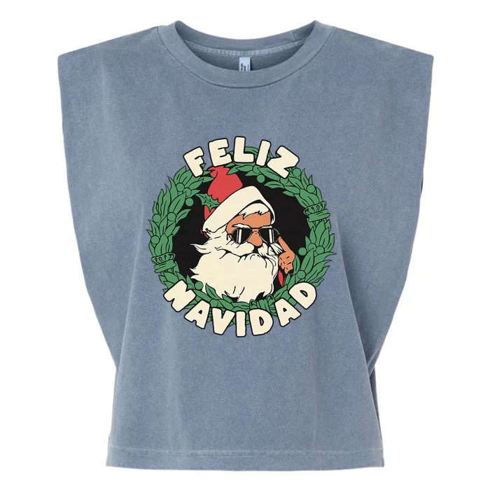 Feliz Navidad Christmas Santa In Cool Sunglasses Garment-Dyed Women's Muscle Tee