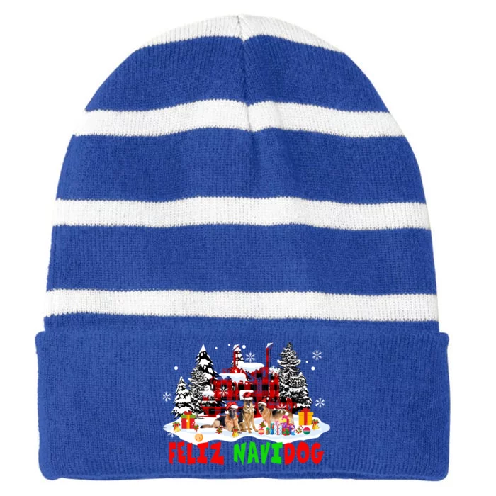 Feliz Navidad Dog Xmas Truck Three Santa Ger Shepherds Gift Striped Beanie with Solid Band