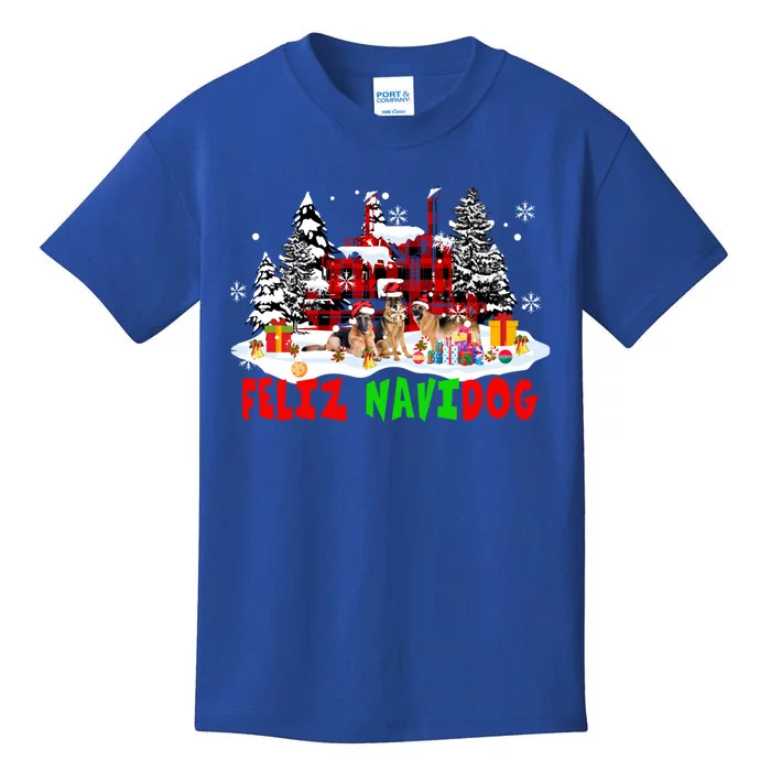 Feliz Navidad Dog Xmas Truck Three Santa Ger Shepherds Gift Kids T-Shirt