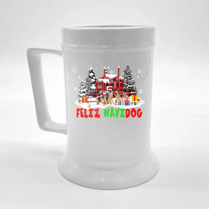 Feliz Navidad Dog Xmas Truck Three Santa Ger Shepherds Gift Front & Back Beer Stein