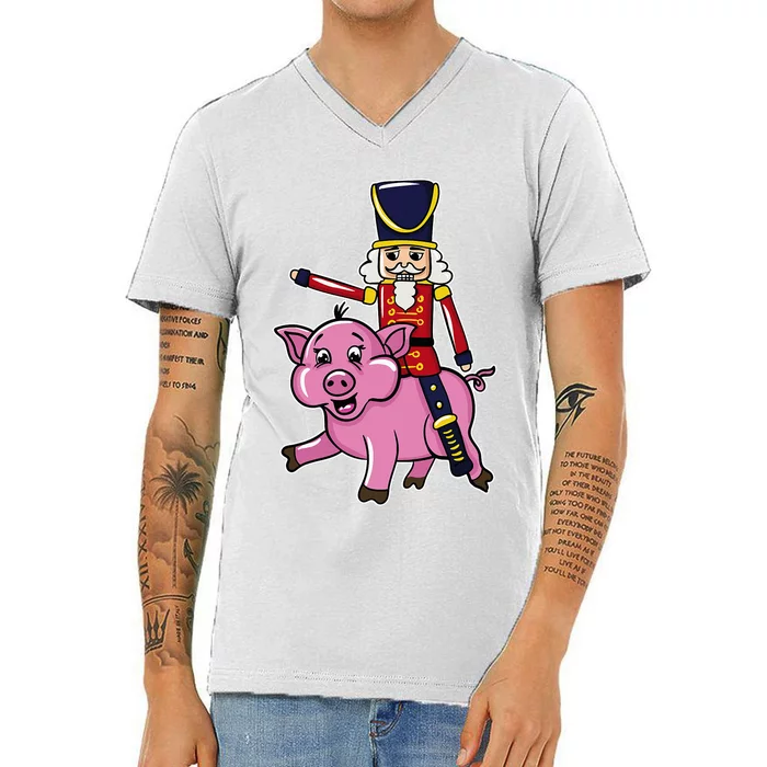 Funny Nutcracker Doll Riding Pig Lover V-Neck T-Shirt