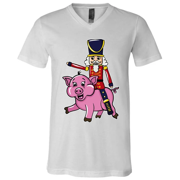 Funny Nutcracker Doll Riding Pig Lover V-Neck T-Shirt