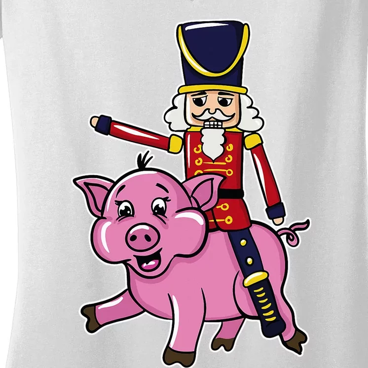 Funny Nutcracker Doll Riding Pig Lover Women's V-Neck T-Shirt