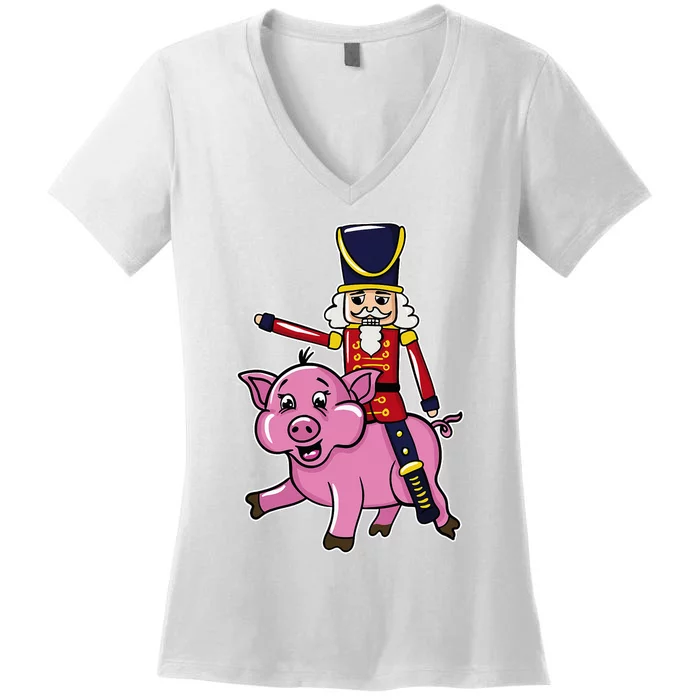 Funny Nutcracker Doll Riding Pig Lover Women's V-Neck T-Shirt