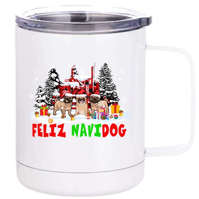 Feliz Navidad Dog Xmas Truck Three Santa French Bulldogs Meaningful Gift Front & Back 12oz Stainless Steel Tumbler Cup