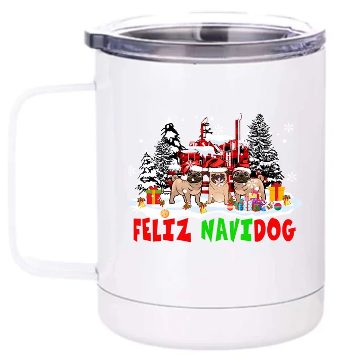 Feliz Navidad Dog Xmas Truck Three Santa French Bulldogs Meaningful Gift Front & Back 12oz Stainless Steel Tumbler Cup