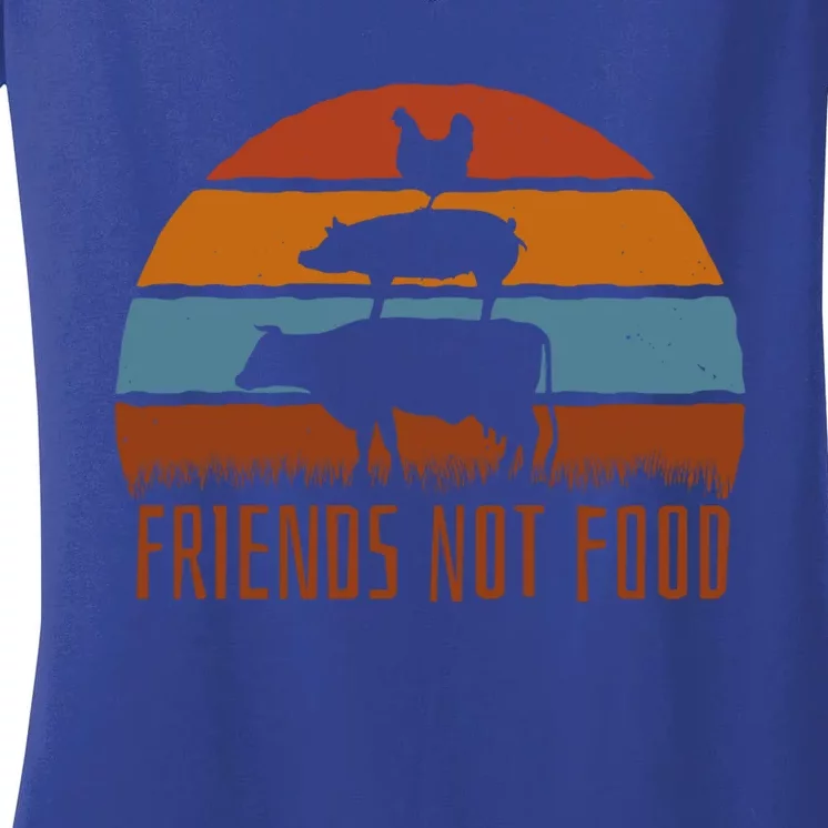 Friends Not Food Vegetarian Vegan Love Animals Sunset Meme Funny Gift Women's V-Neck T-Shirt