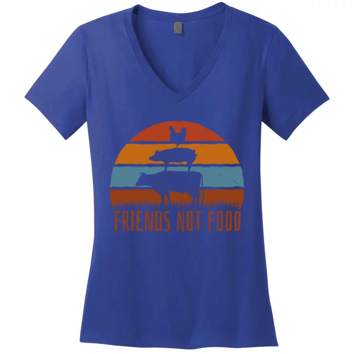 Friends Not Food Vegetarian Vegan Love Animals Sunset Meme Funny Gift Women's V-Neck T-Shirt