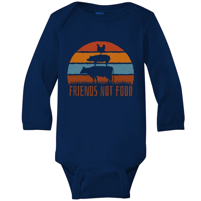 Friends Not Food Vegetarian Vegan Love Animals Sunset Meme Funny Gift Baby Long Sleeve Bodysuit