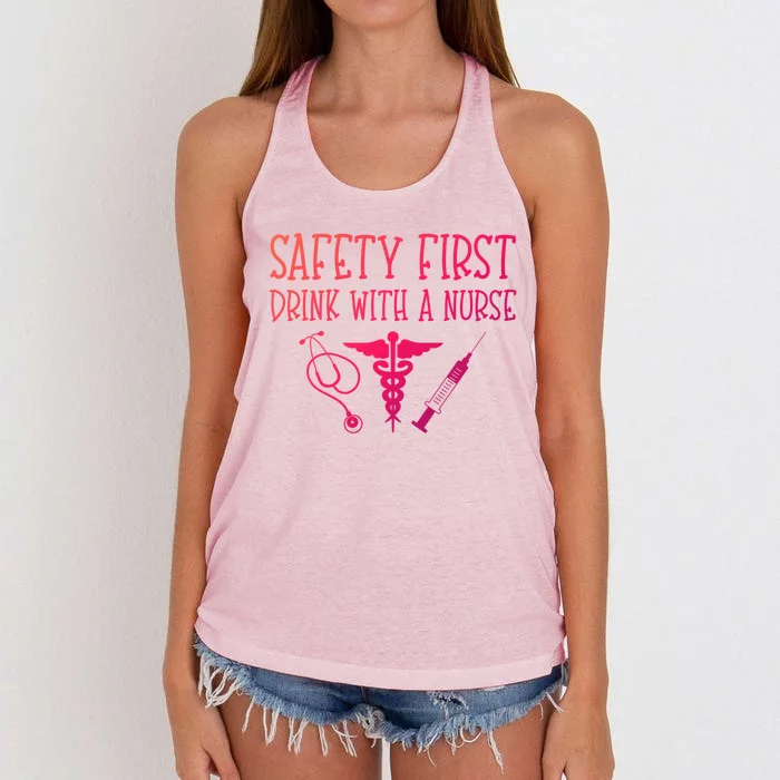 Funny Nurse Gift Safety First With A Nurse Rn Np Party Gift Women's Knotted Racerback Tank