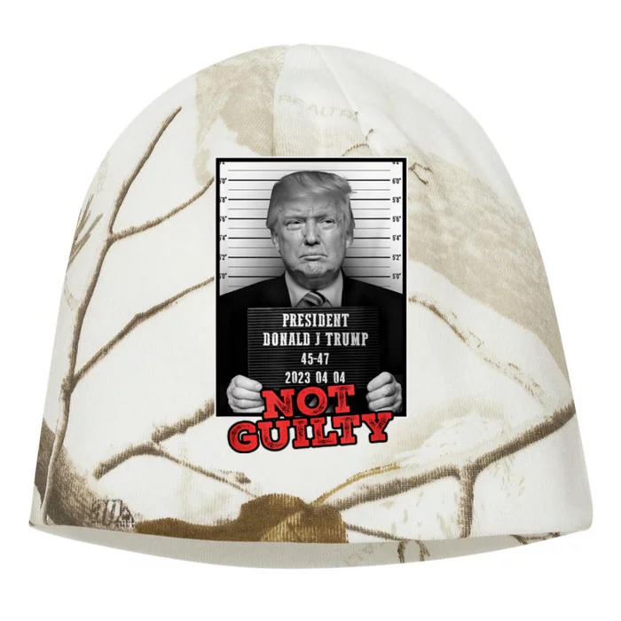 Funny Not Guilty Donald Trump Mug Shot Kati - Camo Knit Beanie