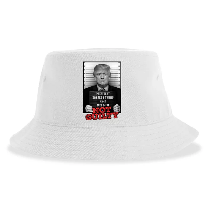 Funny Not Guilty Donald Trump Mug Shot Sustainable Bucket Hat