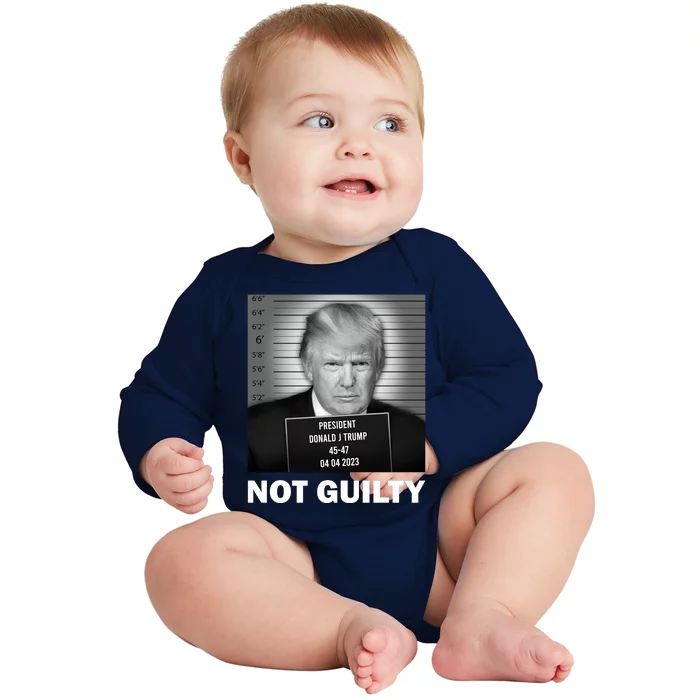 Funny Not Guilty Trump Mug Shot Baby Long Sleeve Bodysuit