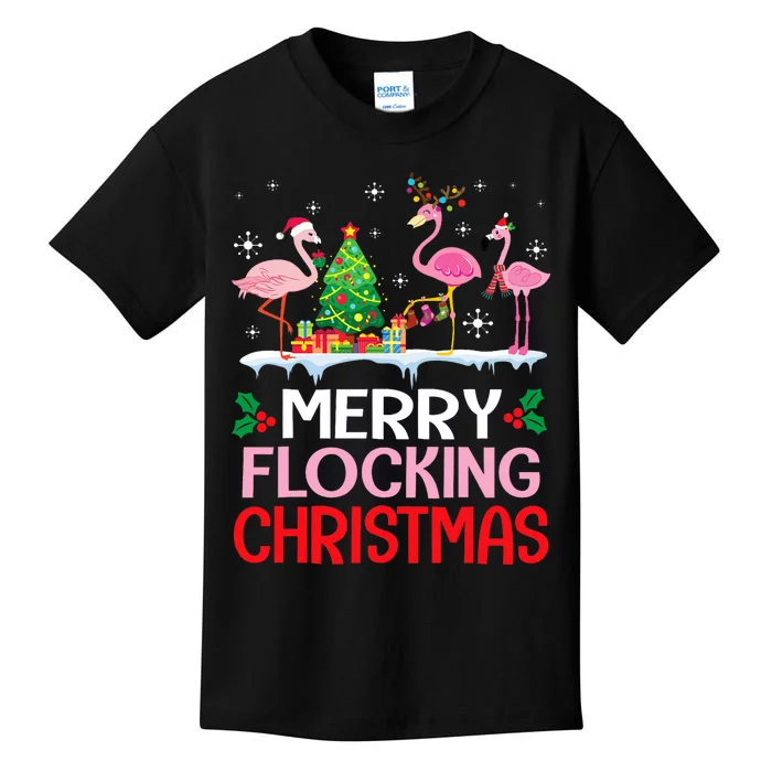 Flamingo Noel Hats Dancing On Snow Merry Flocking Christmas Flamingo Noel Kids T-Shirt