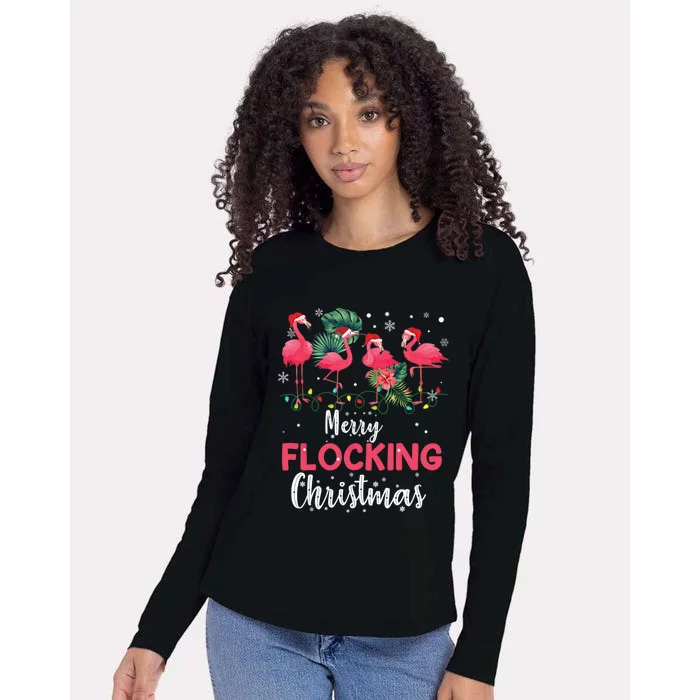 Flamingo Noel Hats Dancing On Snow Merry Flocking Christmas Gift Womens Cotton Relaxed Long Sleeve T-Shirt