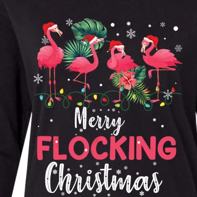 Flamingo Noel Hats Dancing On Snow Merry Flocking Christmas Gift Womens Cotton Relaxed Long Sleeve T-Shirt