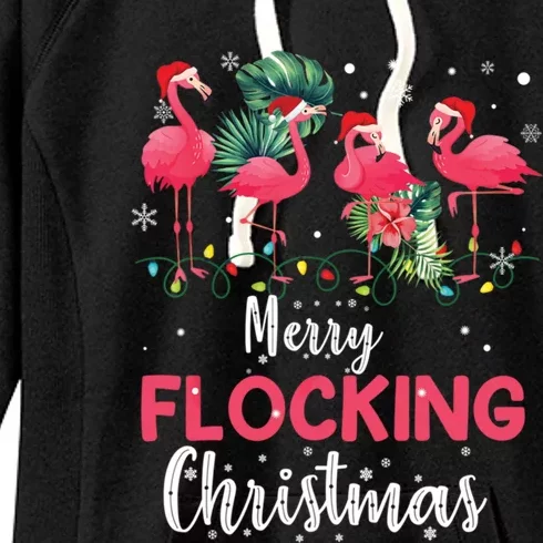 Flamingo Noel Hats Dancing On Snow Merry Flocking Christmas Gift Women's Fleece Hoodie