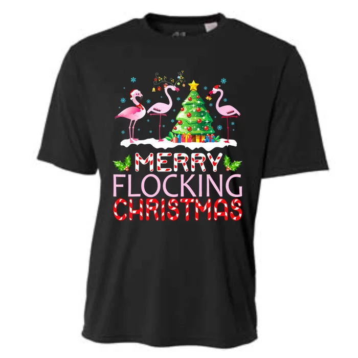 Flamingo Noel Hats Dancing On Snow Merry Flocking Christmas Meaningful Gift Cooling Performance Crew T-Shirt