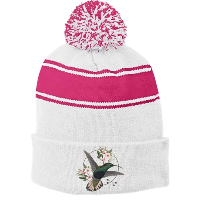 Floral Nature Hummingbird Stripe Pom Pom Beanie