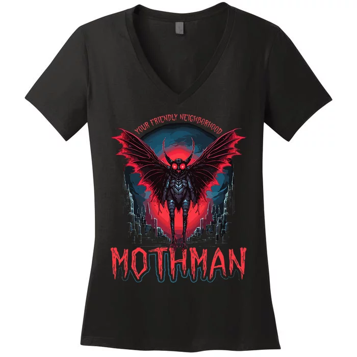 Friendly Neighborhood Mothman Cryptid Folklore Mothman Women's V-Neck T-Shirt