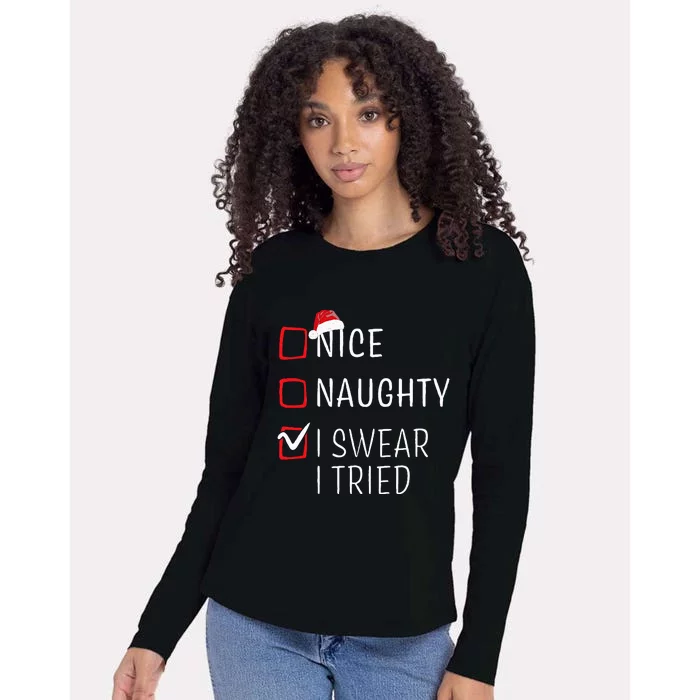 Funny Naughty Nice Christmas Family Pajama Womens Cotton Relaxed Long Sleeve T-Shirt