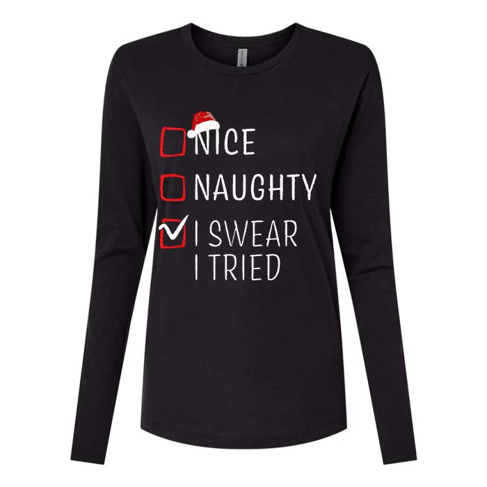 Funny Naughty Nice Christmas Family Pajama Womens Cotton Relaxed Long Sleeve T-Shirt