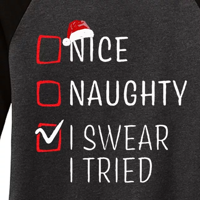 Funny Naughty Nice Christmas Family Pajama Women's Tri-Blend 3/4-Sleeve Raglan Shirt