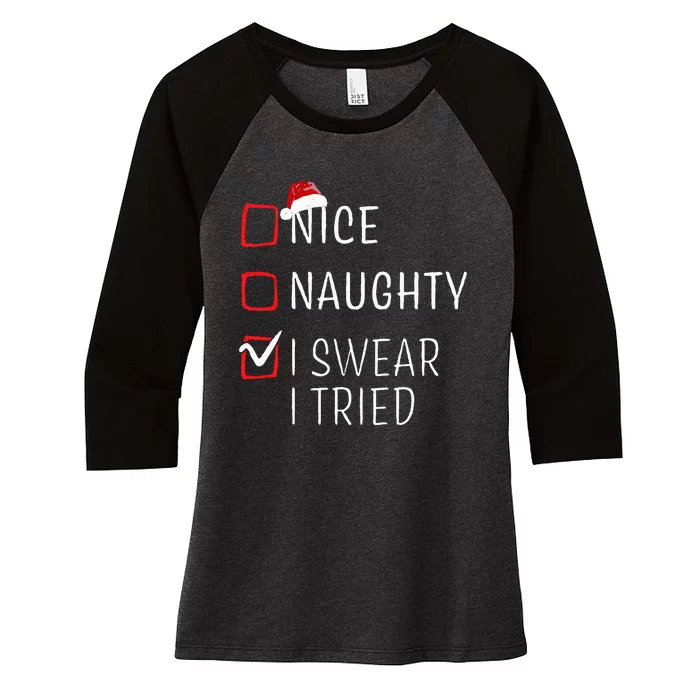 Funny Naughty Nice Christmas Family Pajama Women's Tri-Blend 3/4-Sleeve Raglan Shirt