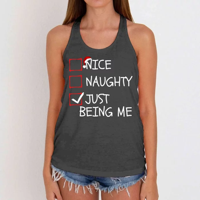 Funny Nice Naughty Just Being Me Funny Christmas Check List Funny Naughty List Women's Knotted Racerback Tank