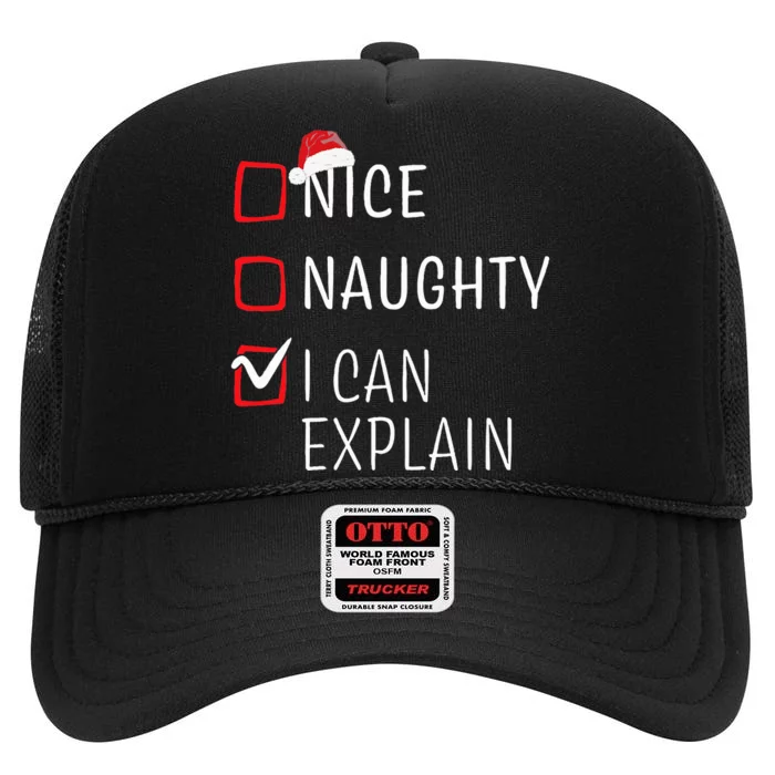 Funny Naughty Nice Christmas Family Pajama High Crown Mesh Trucker Hat