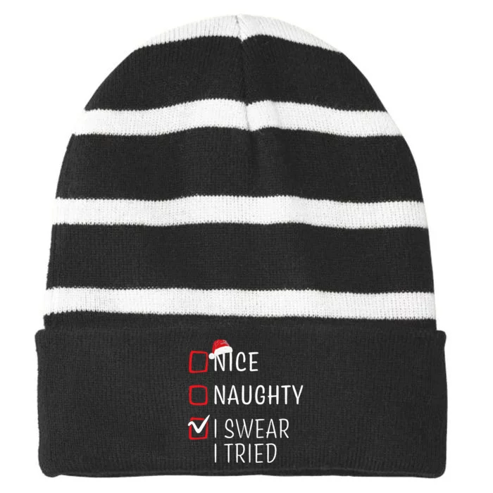 Funny Naughty Nice Christmas Family Pajama Striped Beanie with Solid Band