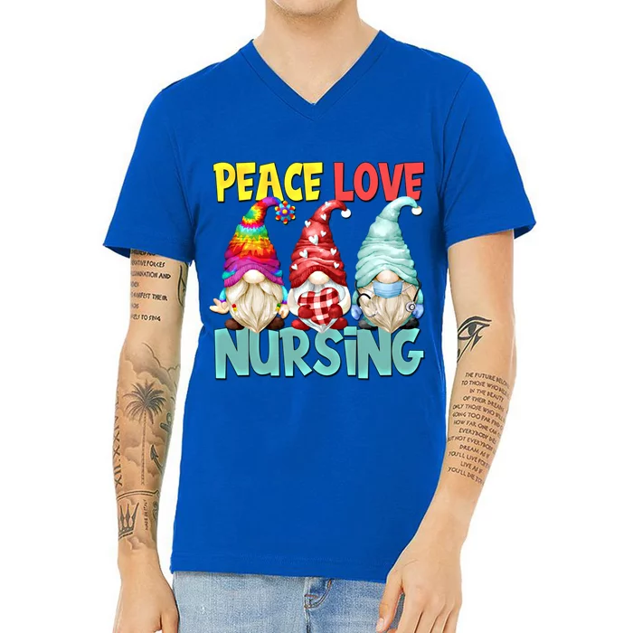 Funny New Nurse And Hippie Gnome Peace Love Nursing Great Gift V-Neck T-Shirt