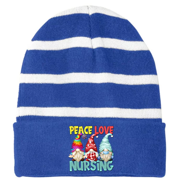 Funny New Nurse And Hippie Gnome Peace Love Nursing Great Gift Striped Beanie with Solid Band