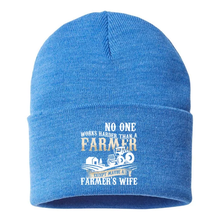 Funny No One Works Harder Than A Farmer Wife Tractor Farm Gift Sustainable Knit Beanie