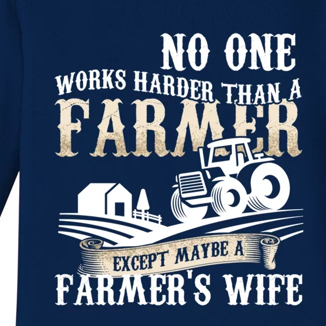 Funny No One Works Harder Than A Farmer Wife Tractor Farm Gift Baby Long Sleeve Bodysuit