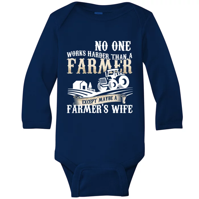 Funny No One Works Harder Than A Farmer Wife Tractor Farm Gift Baby Long Sleeve Bodysuit