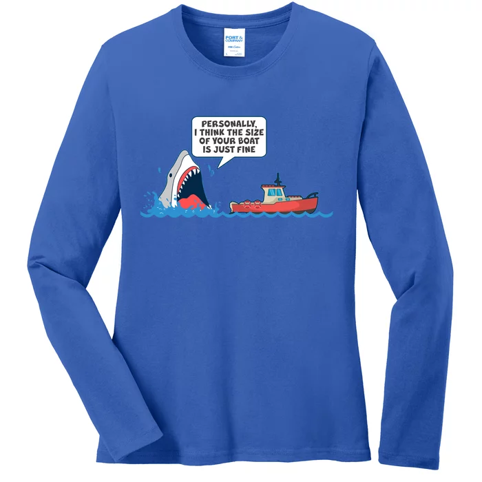 Funny Nice Shark And Fishing Boat Comic Ladies Long Sleeve Shirt