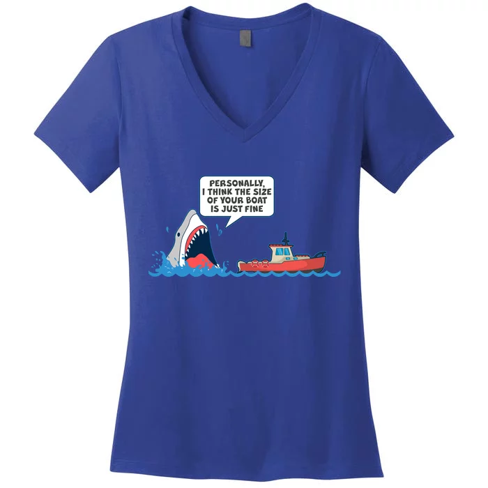 Funny Nice Shark And Fishing Boat Comic Women's V-Neck T-Shirt