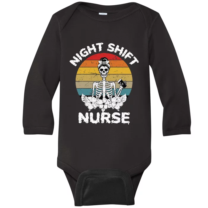 Funny Night Shift Nurse Skeleton Halloween RN Nurses Women Baby Long Sleeve Bodysuit