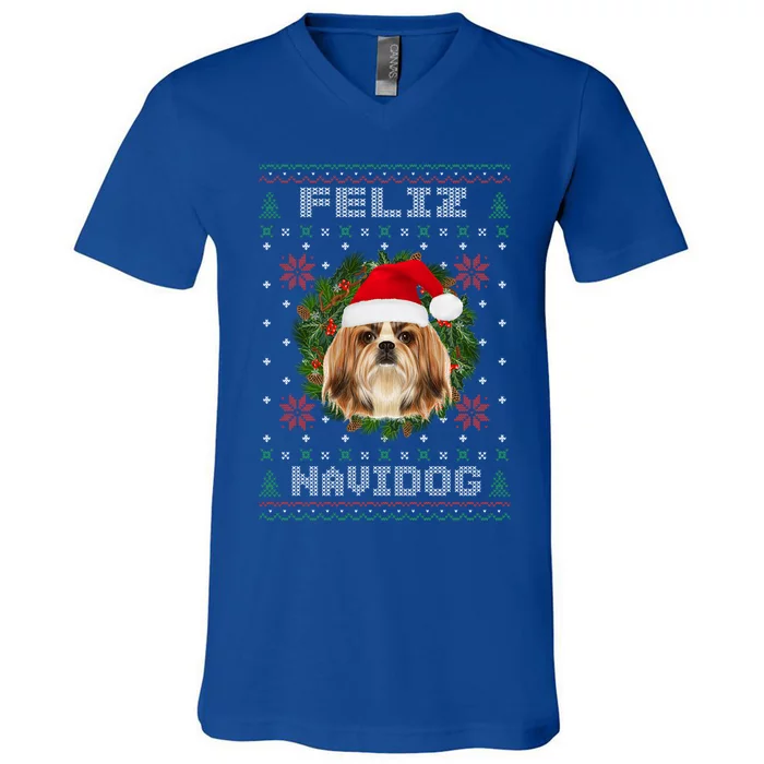 Feliz Navidog Shih Tzu Dog Funny Ugly Christmas Xmas Great Gift V-Neck T-Shirt