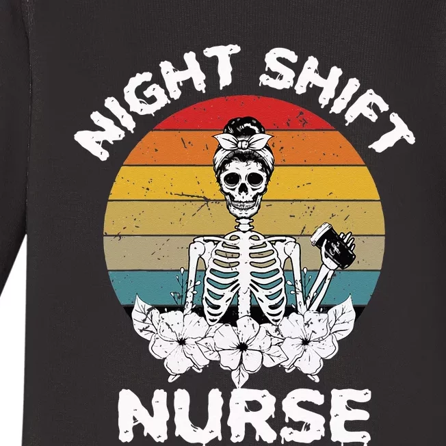 Funny Night Shift Nurse Skeleton Halloween RN Nurses Women Baby Long Sleeve Bodysuit