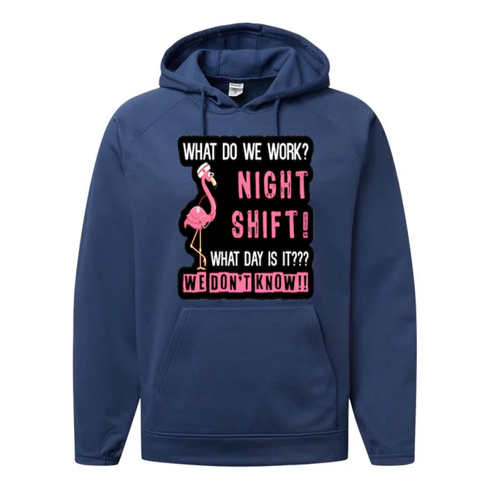 Flamingo Night Shift Nurse Gift Performance Fleece Hoodie