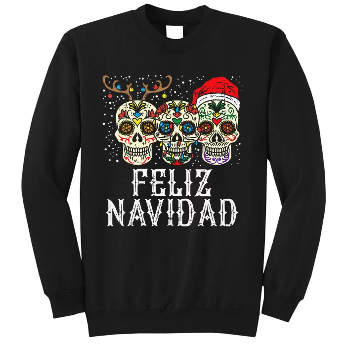 Feliz Navidad Sugar Skulls Reindeer Santa Mexican Christmas Tall Sweatshirt