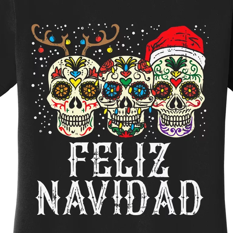 Feliz Navidad Sugar Skulls Reindeer Santa Mexican Christmas Women's T-Shirt