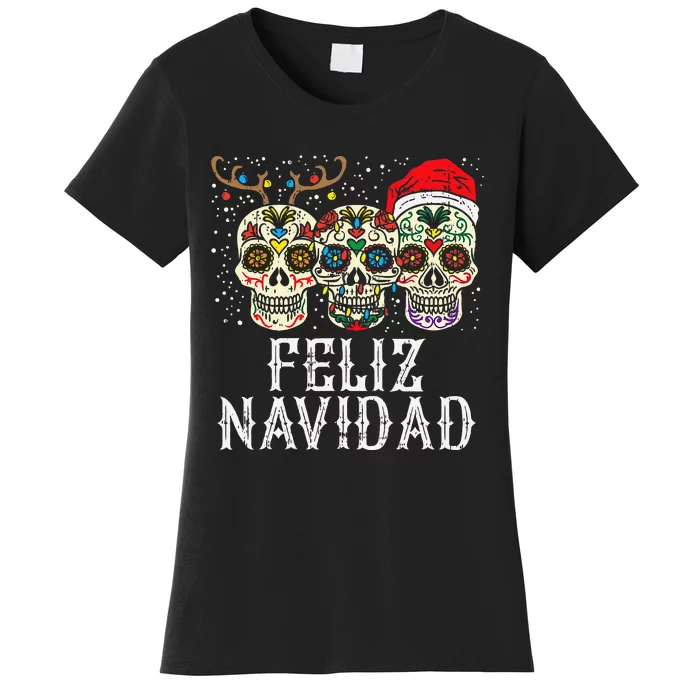 Feliz Navidad Sugar Skulls Reindeer Santa Mexican Christmas Women's T-Shirt