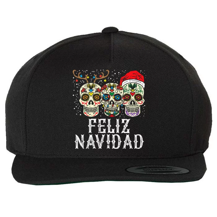 Feliz Navidad Sugar Skulls Reindeer Santa Mexican Christmas Wool Snapback Cap